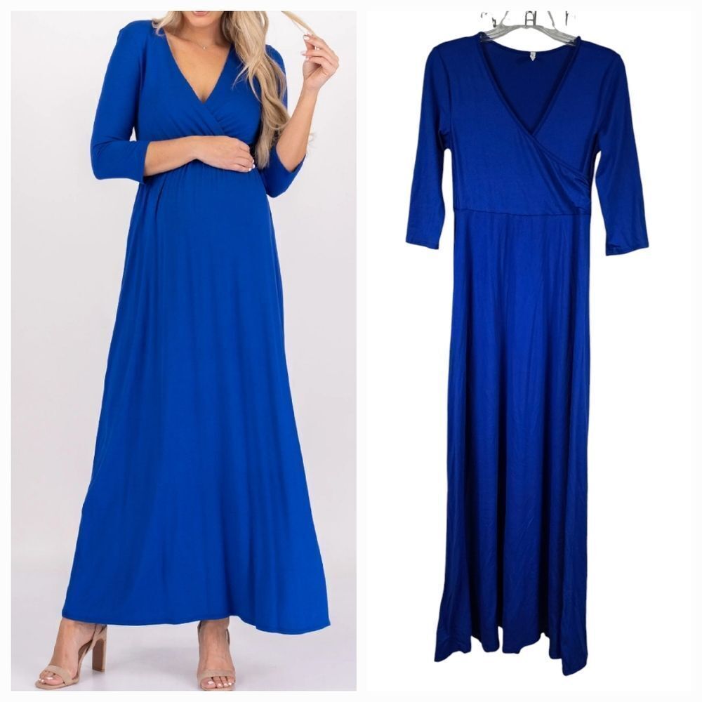 Mother Bee Royal Blue Maternity Nursing Maxi Dress | Faux Wrap Jersey Knit Comfy